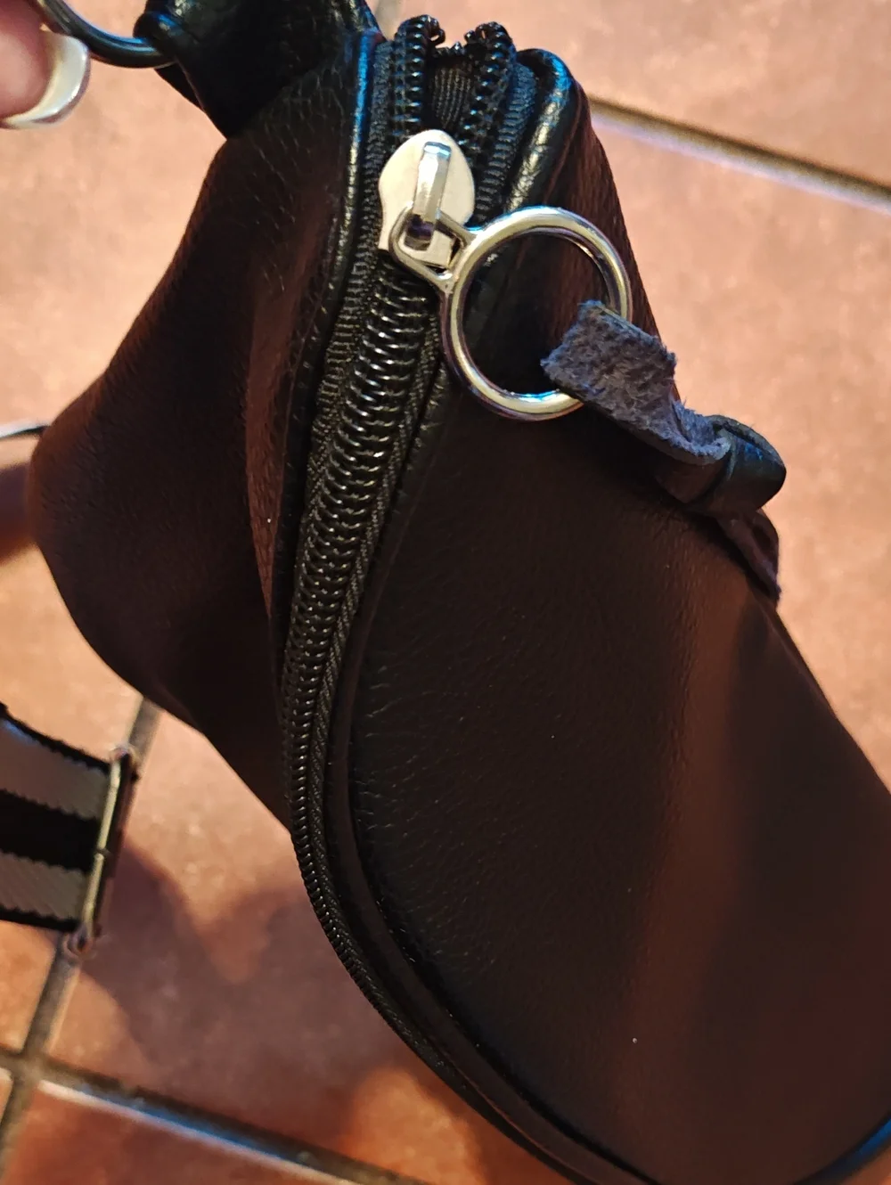 Ulta Beauty Black Leather Crossbody Belt Bag with Black-and-White Striped Strap